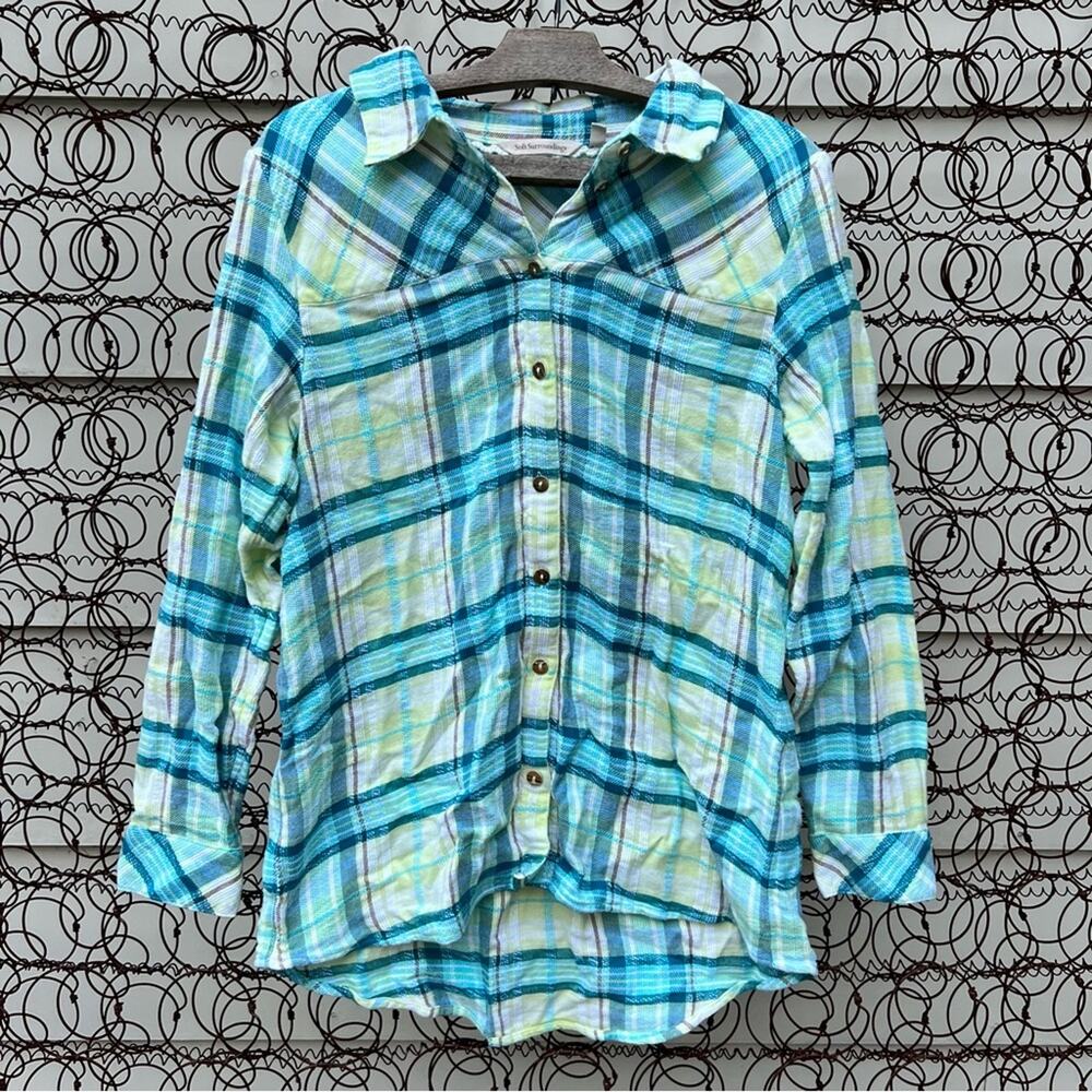 Soft Surroundings Samaria green blue plaid hi low hem button down flannel shirt